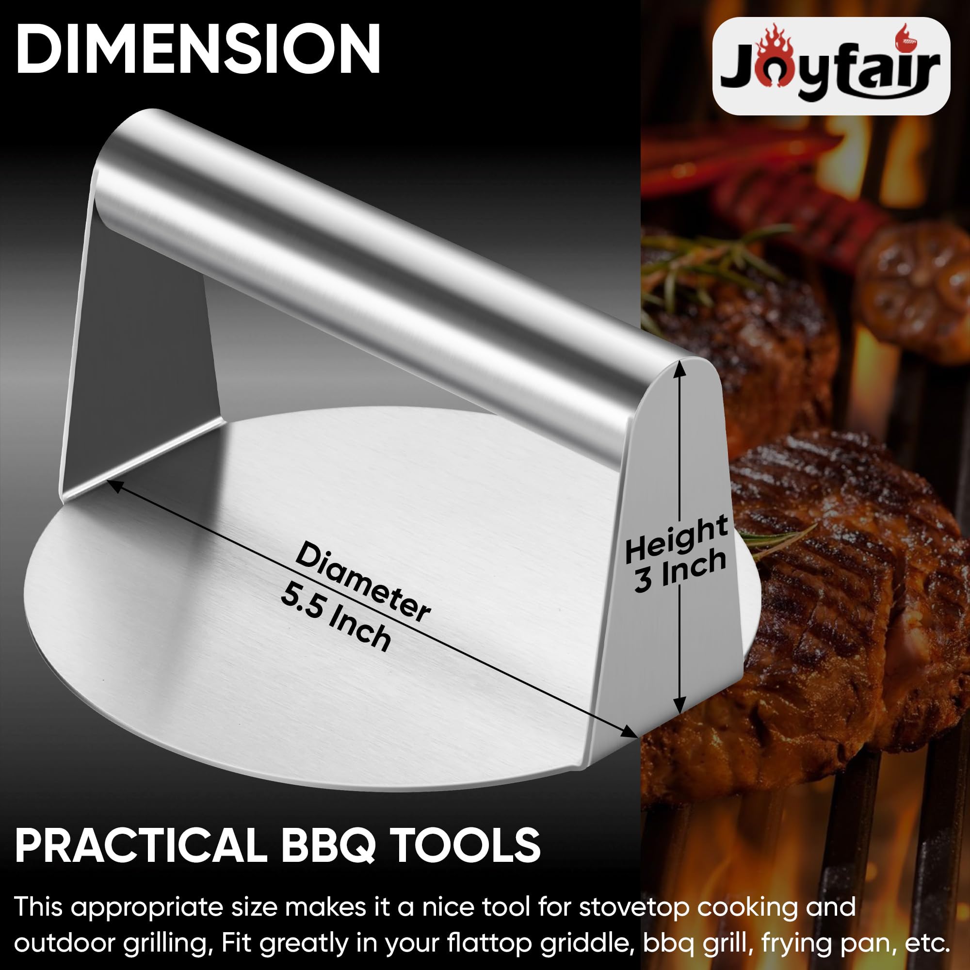 Close-up of Joyfair press' stainless steel body showing durable, rust-resistant construction.