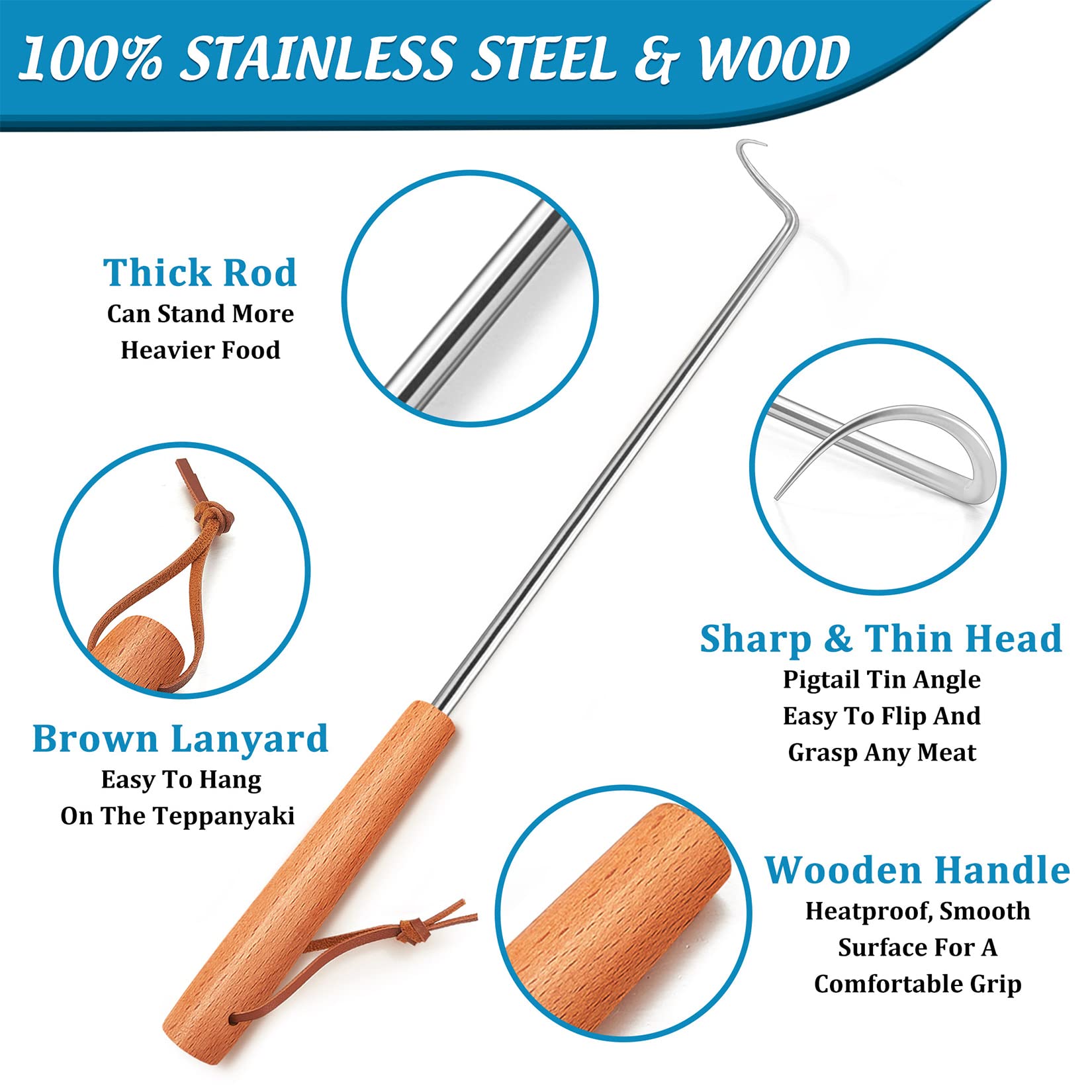 Joyfair stainless-steel flipper with wooden handle for durable everyday grilling.