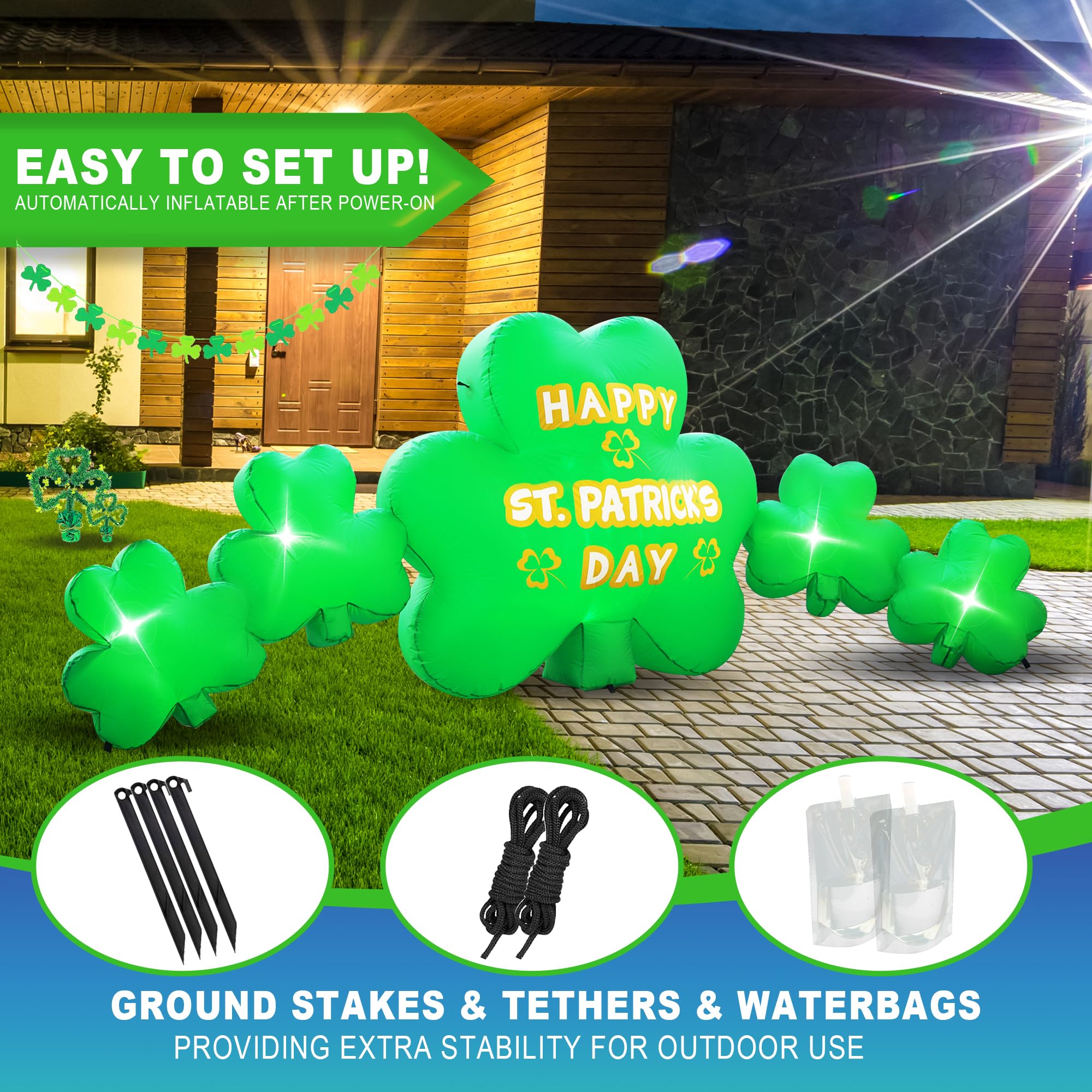 Joyfizzle easy-to-inflate shamrocks inflates in seconds for quick setup