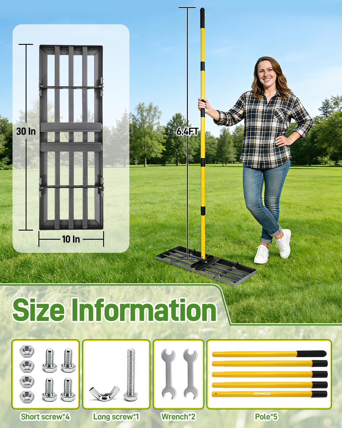 Joyhalo 78-inch adjustable steel handle offers ergonomic reach for tall users.