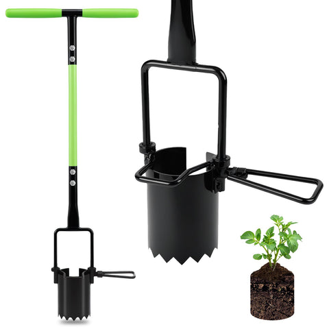 Joyhalo bulb planter tool with long handle and serrated base for easy soil penetration.