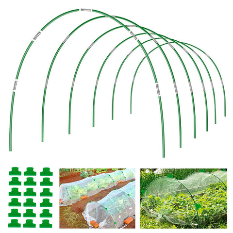 Joyhalo garden hoops rolled out over a raised bed, showcasing flexible coverage for DIY tunnels.