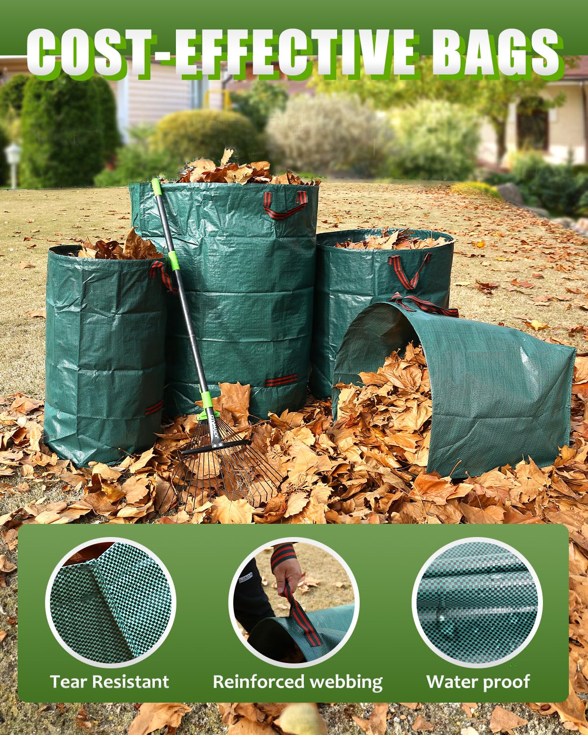 Joyhalo heavy-duty bags resist tearing during tough yard cleanup.