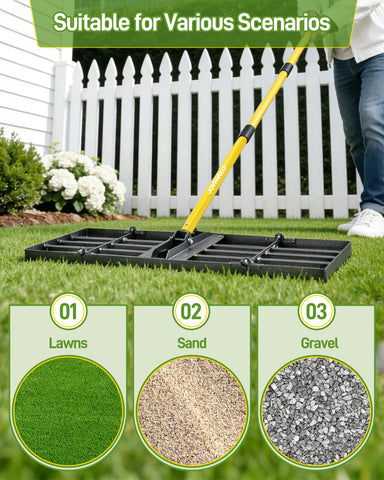 Joyhalo multi-function yard leveler suitable for lawn, soil, and leaf tasks.