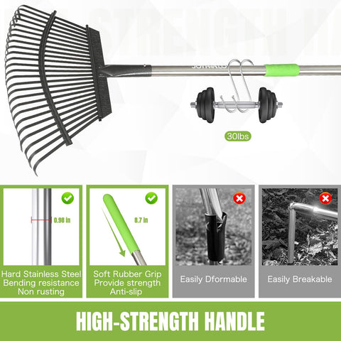 Joyhalo 18-inch wide rake head with 25 tines for efficient lawn cleanup.