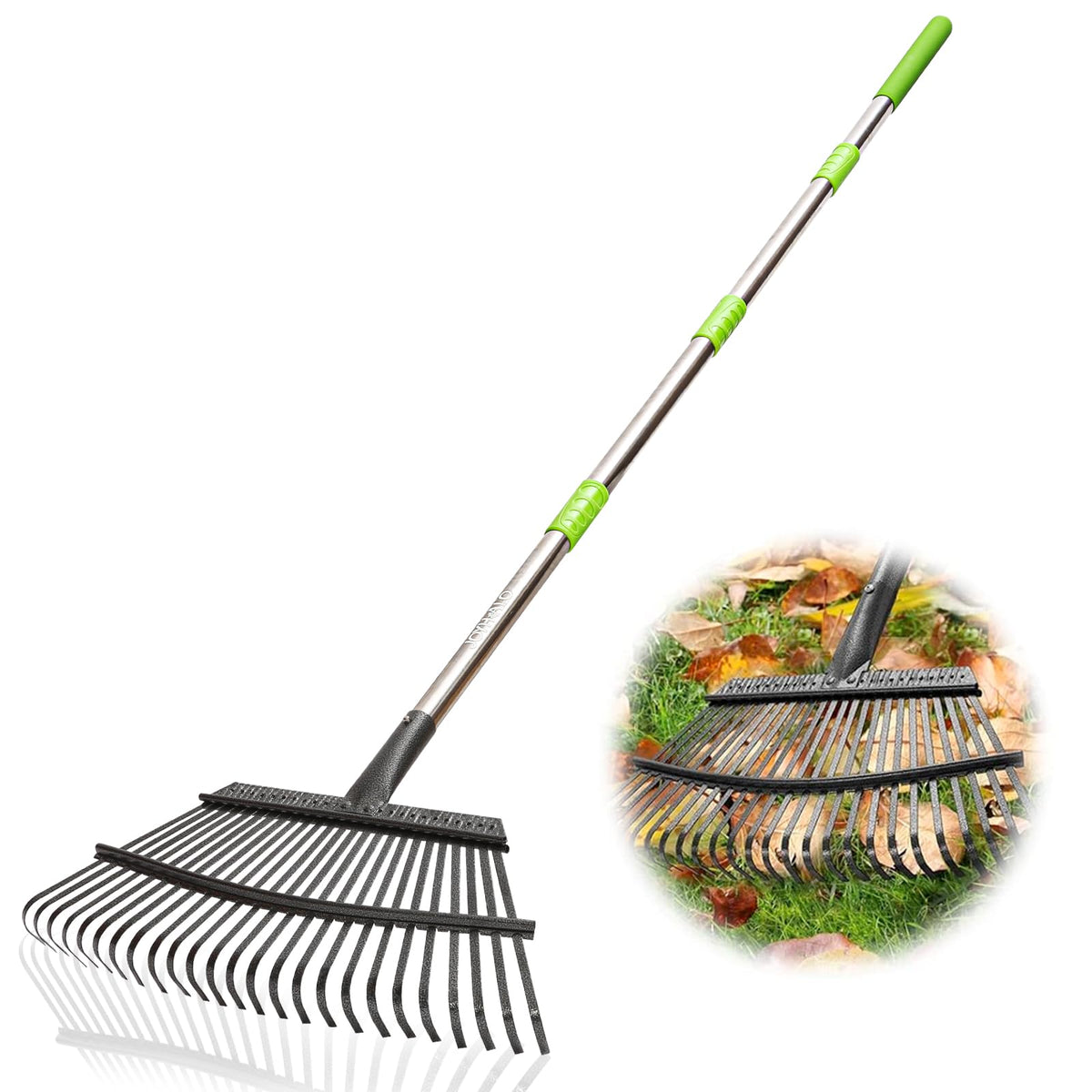 Joyhalo leaf rake with 65-inch extended handle eases reach and leaf collection.