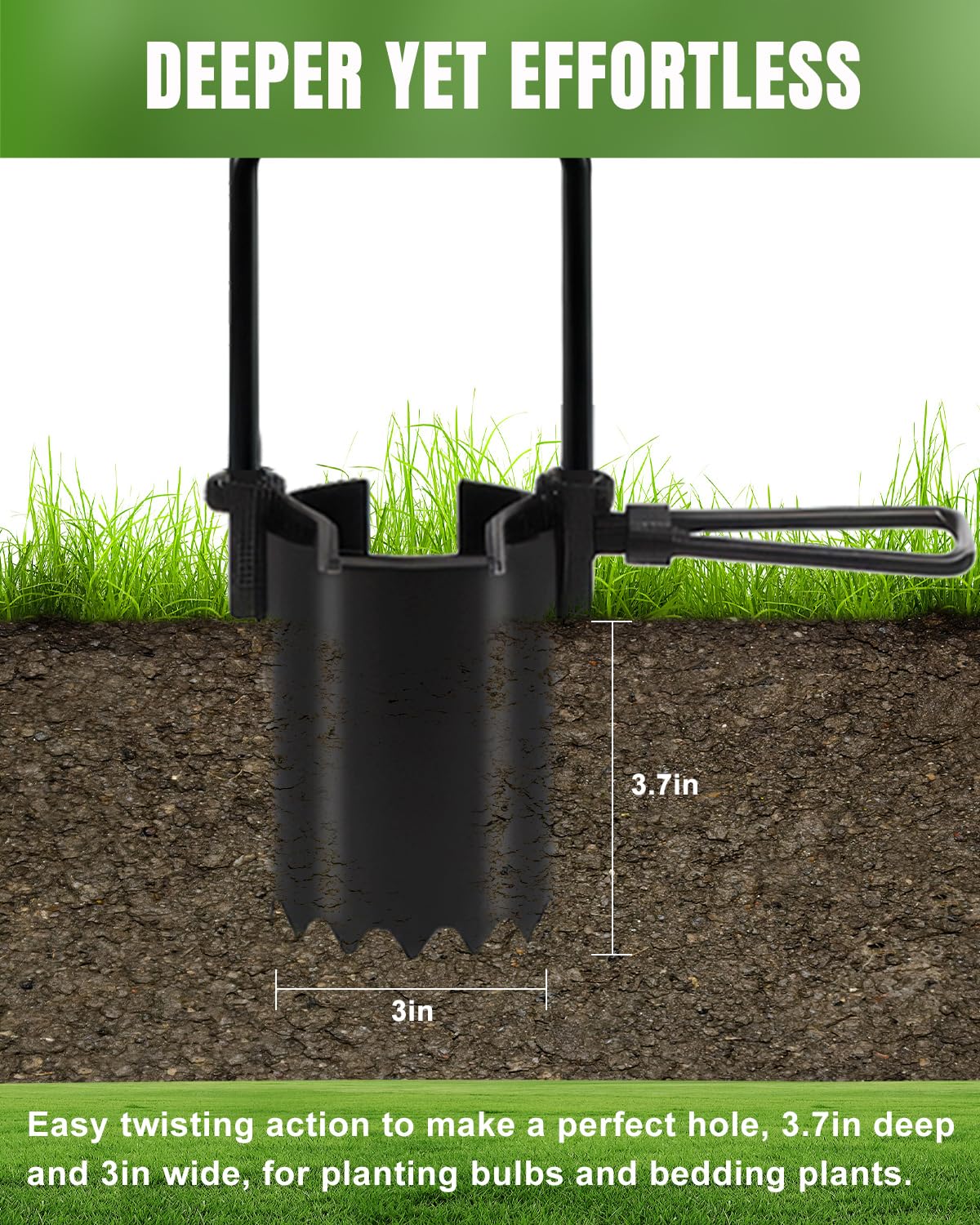 Joyhalo serrated base bulb planter cutting through compact soil with ease.