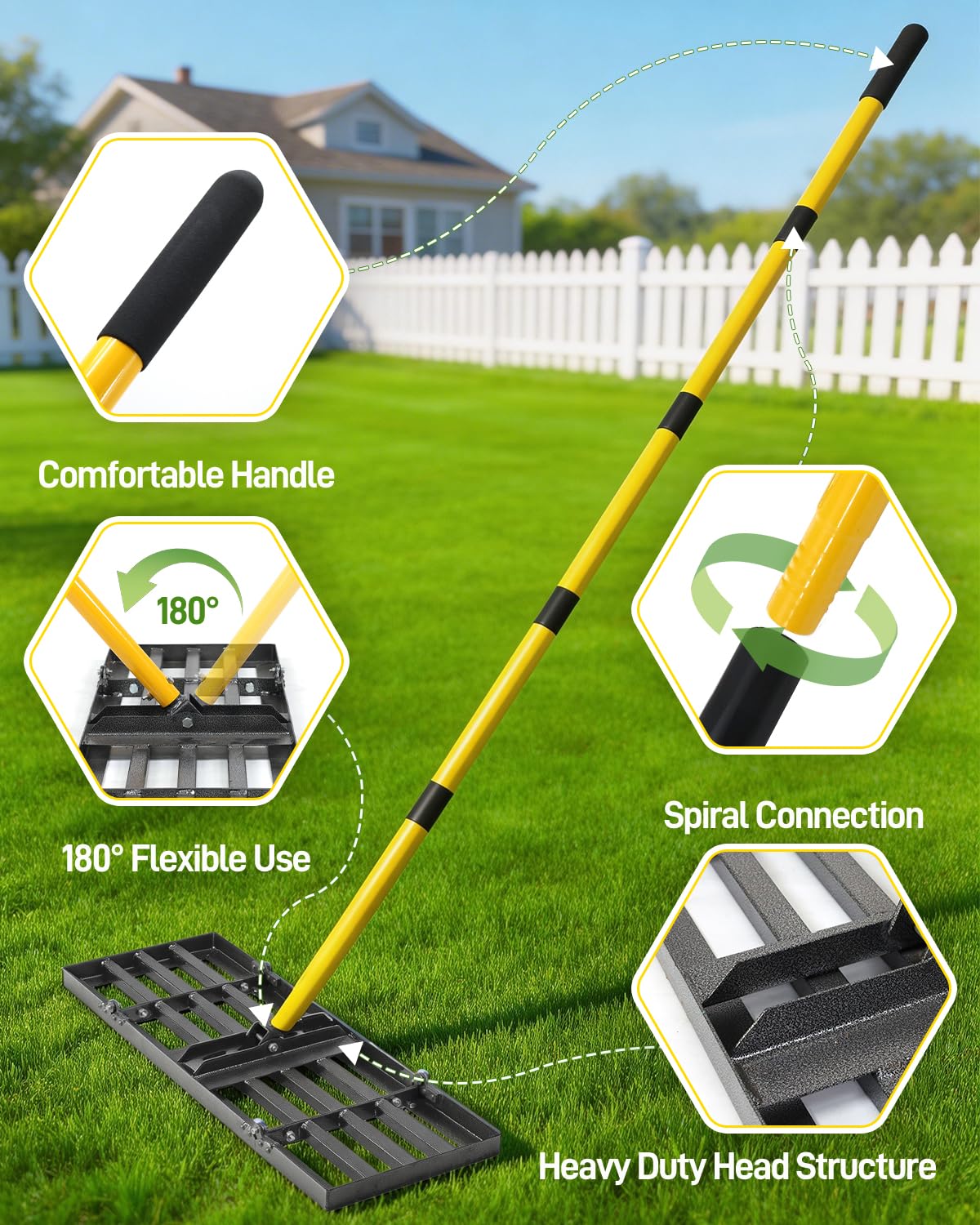 Joyhalo stainless steel rake teeth resist bending for long-lasting lawn leveling tasks.