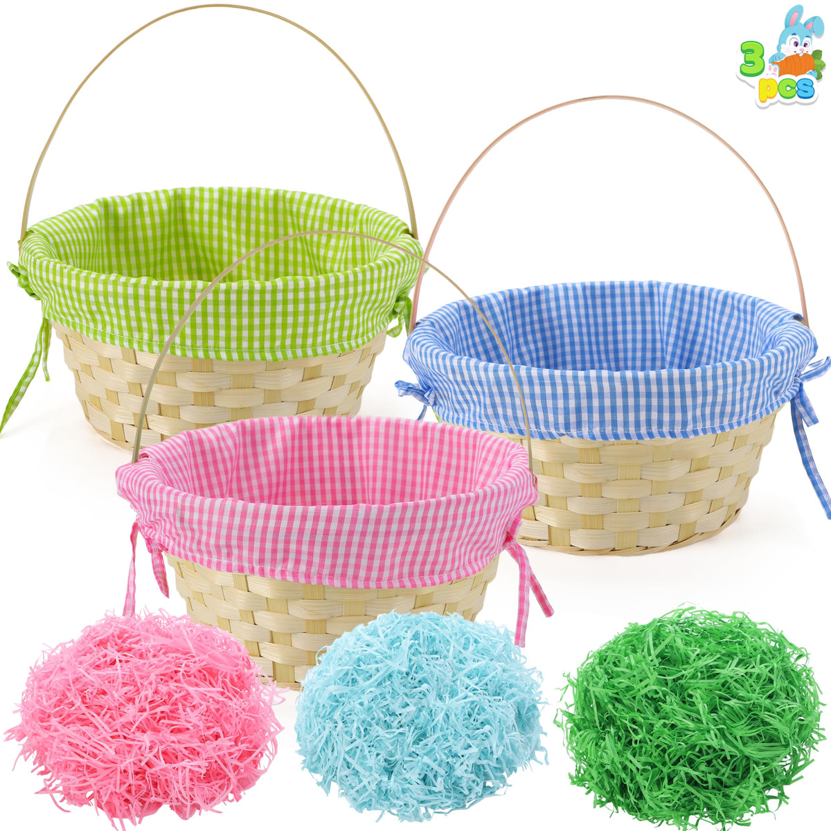 JOYIN Easter bamboo baskets with blue plaid lining for kids' egg hunts