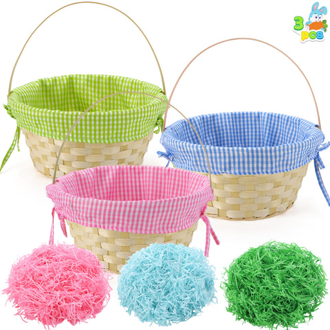 JOYIN Easter bamboo baskets with blue plaid lining for kids' egg hunts