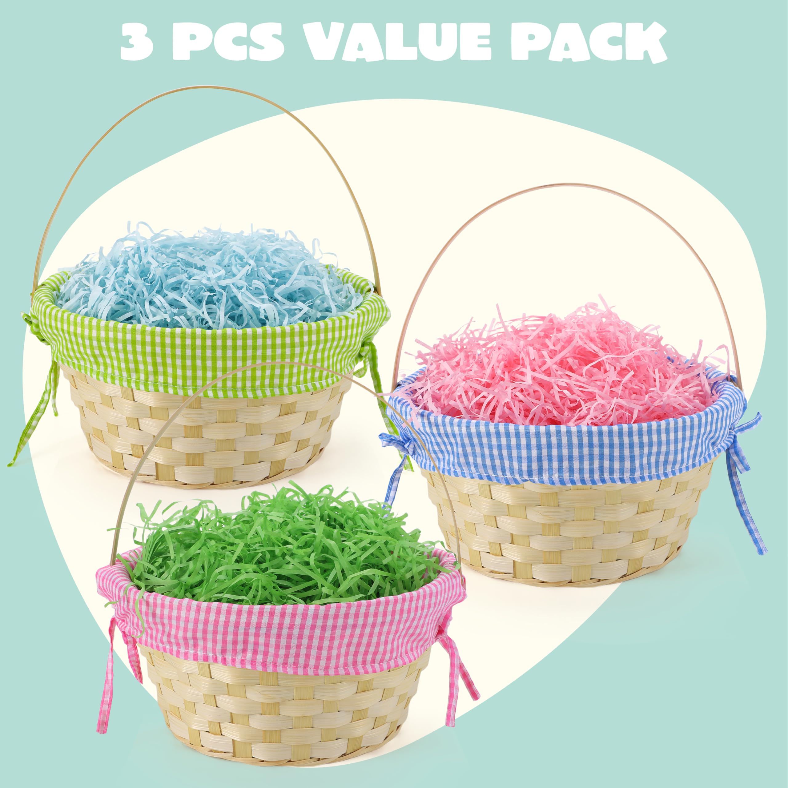 JOYIN Easter bamboo baskets with pink plaid lining for party favors