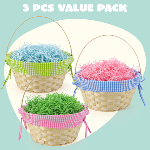 JOYIN Easter bamboo baskets with pink plaid lining for party favors