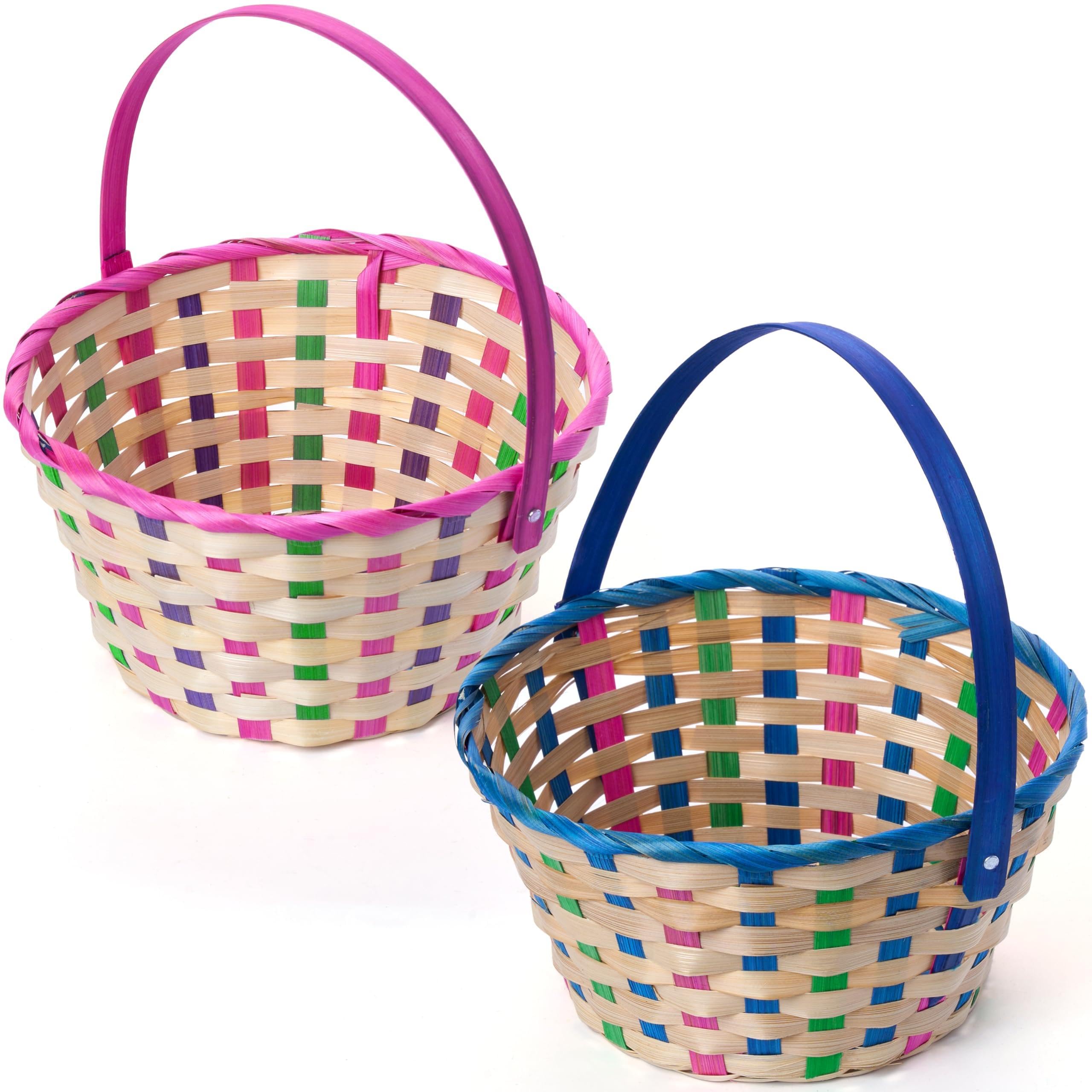 JOYIN Easter bamboo plaid basket in blue and pink round weave for festive egg hunts