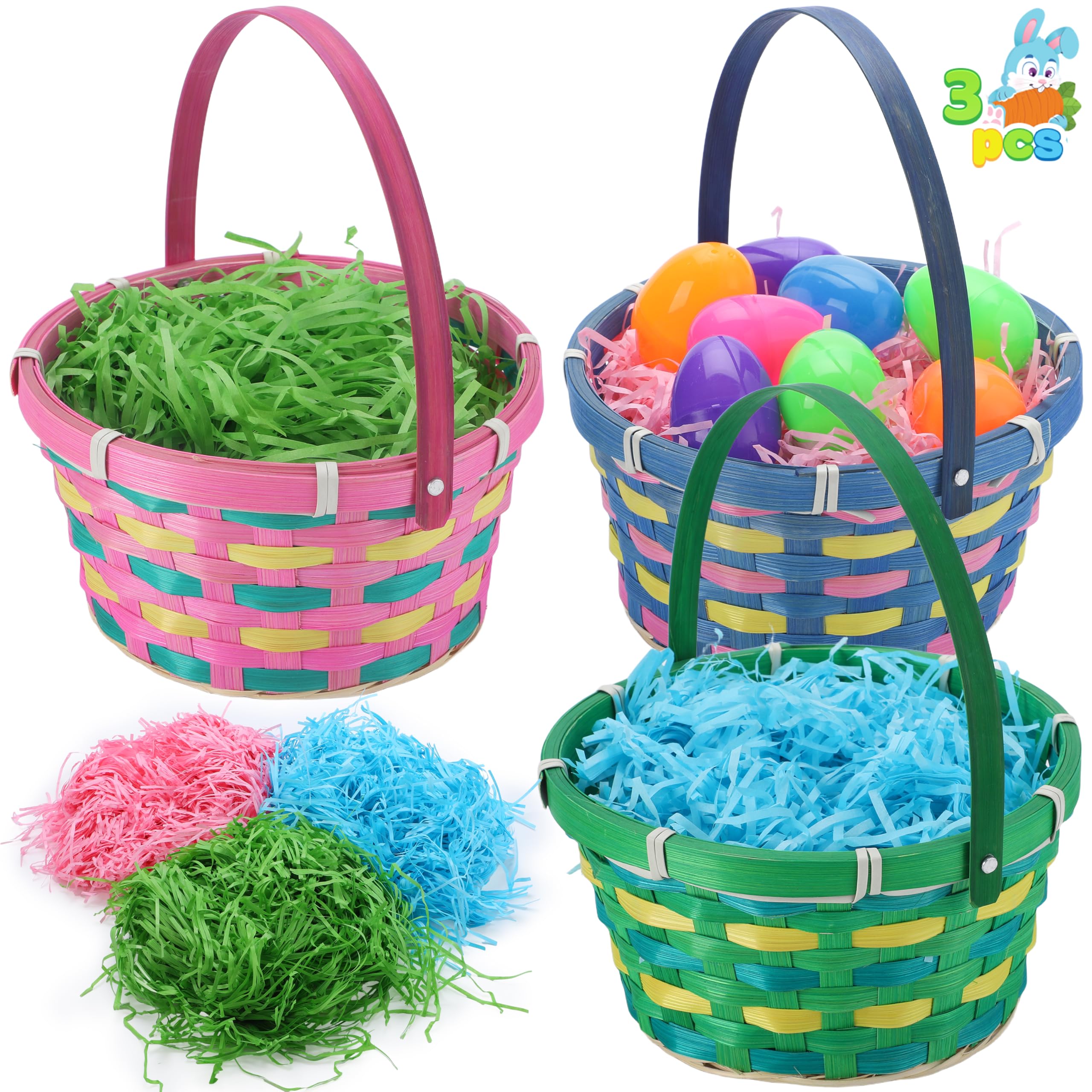 JOYIN Easter baskets 3-pack with handles for easy egg hunts
