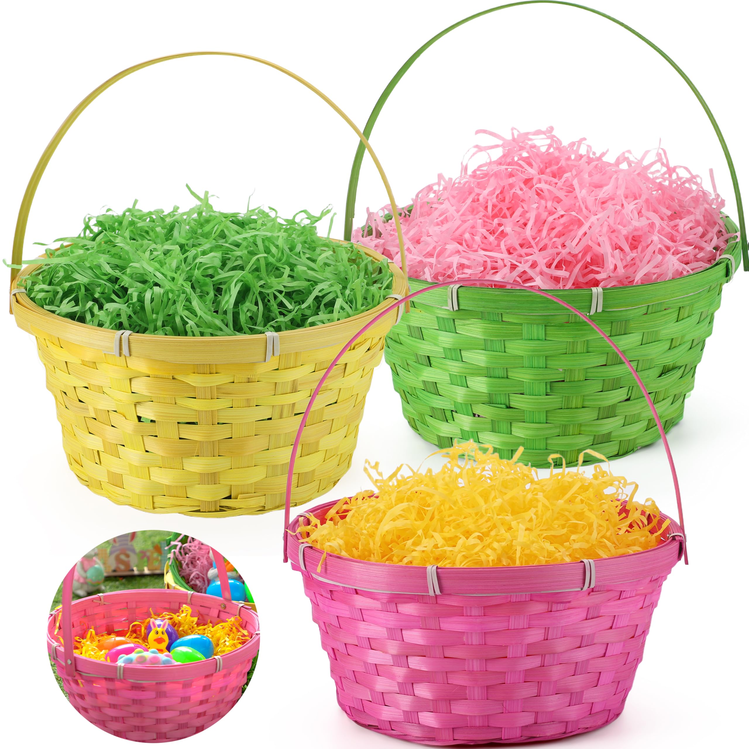 JOYIN Easter baskets 3-pcs with handles in yellow, pink, and green for egg hunts