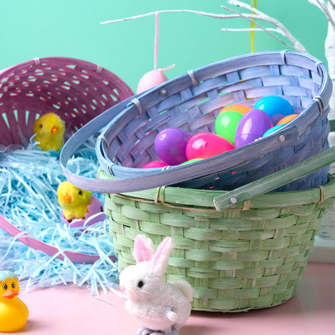 JOYIN kids egg hunt setup using round baskets for treasure finds.