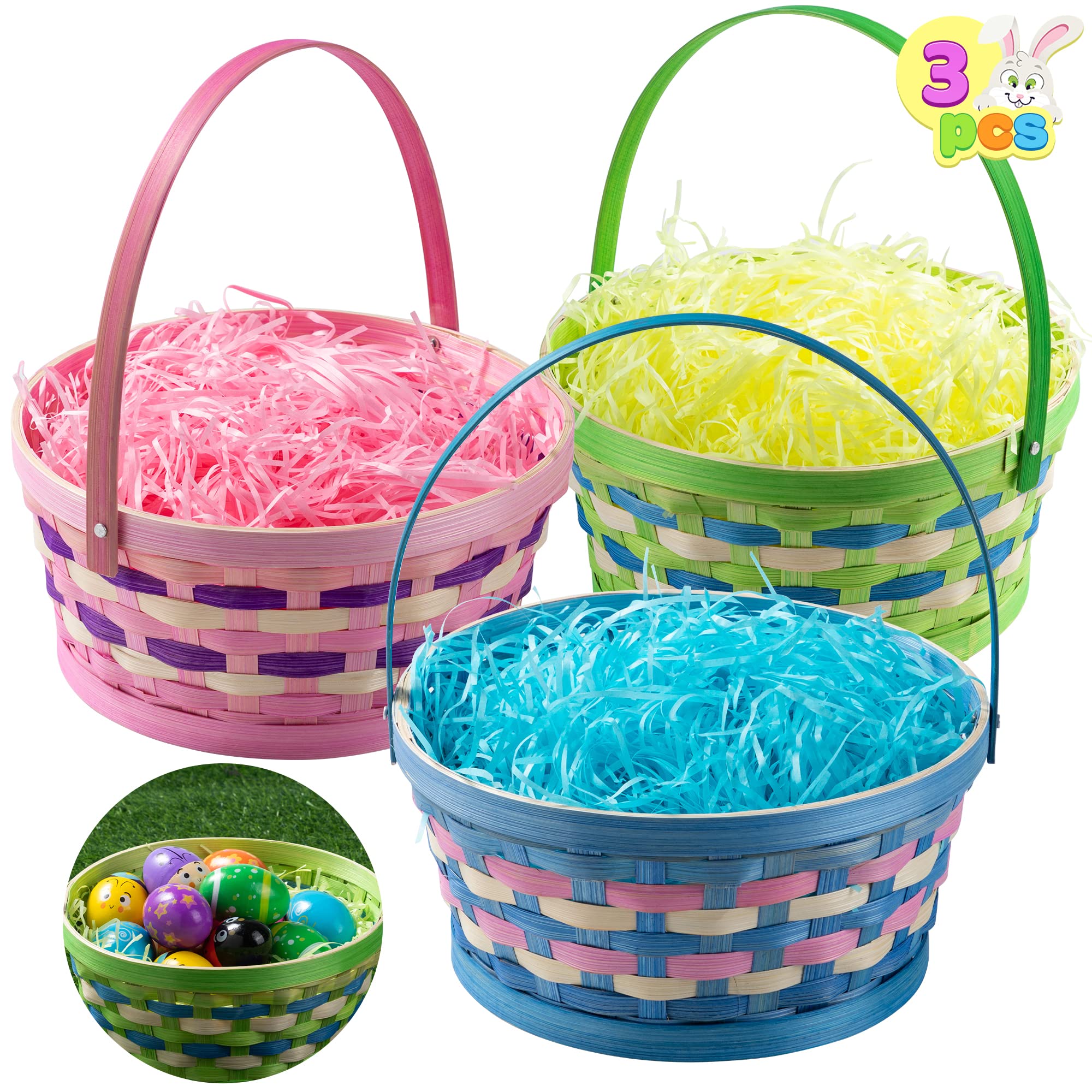 JOYIN Easter baskets with tricolor grass side view, ideal for kid-friendly egg hunts.