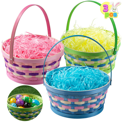 JOYIN Easter baskets with tricolor grass side view, ideal for kid-friendly egg hunts.