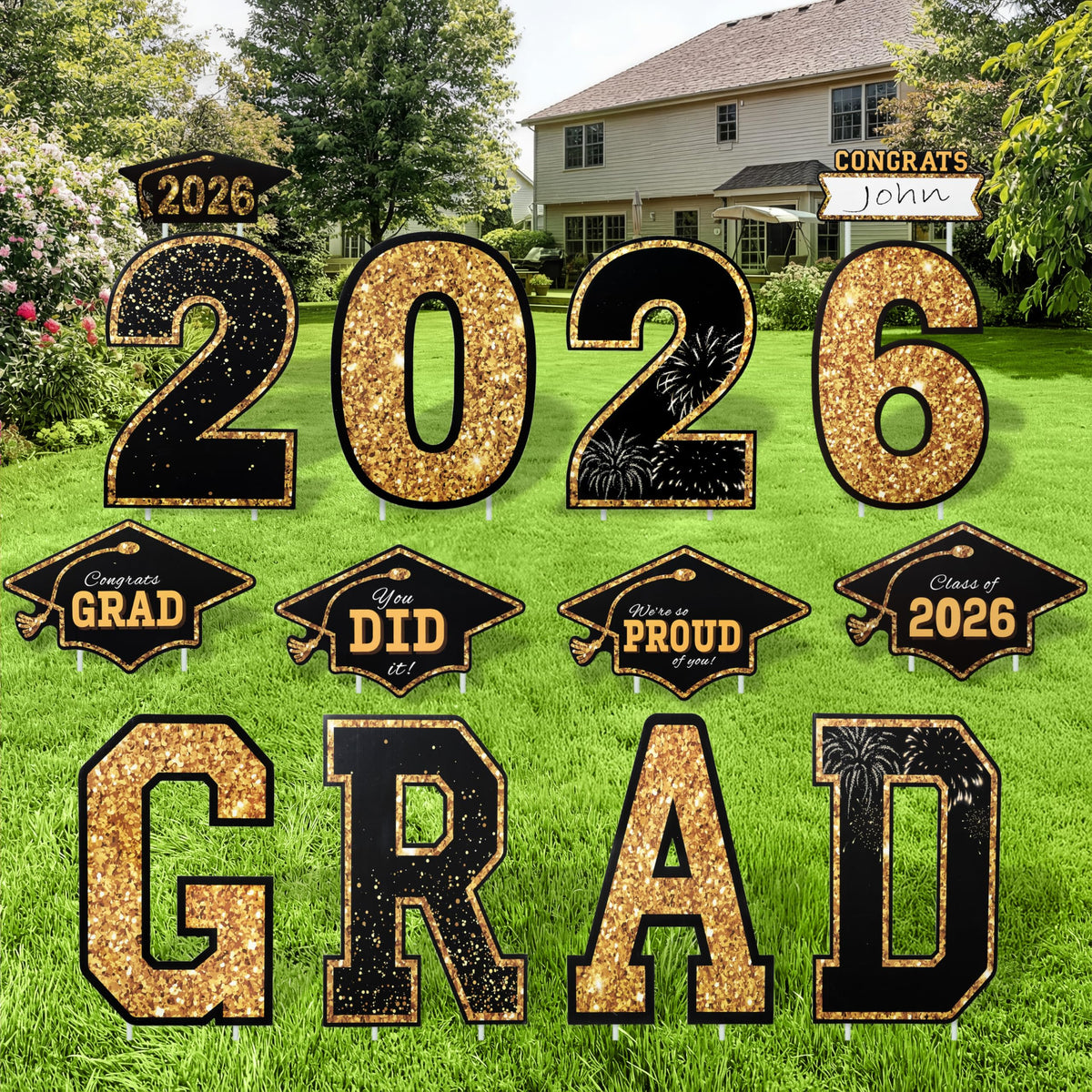 JOYIN graduation yard sign board black and gold for outdoor party decoration.