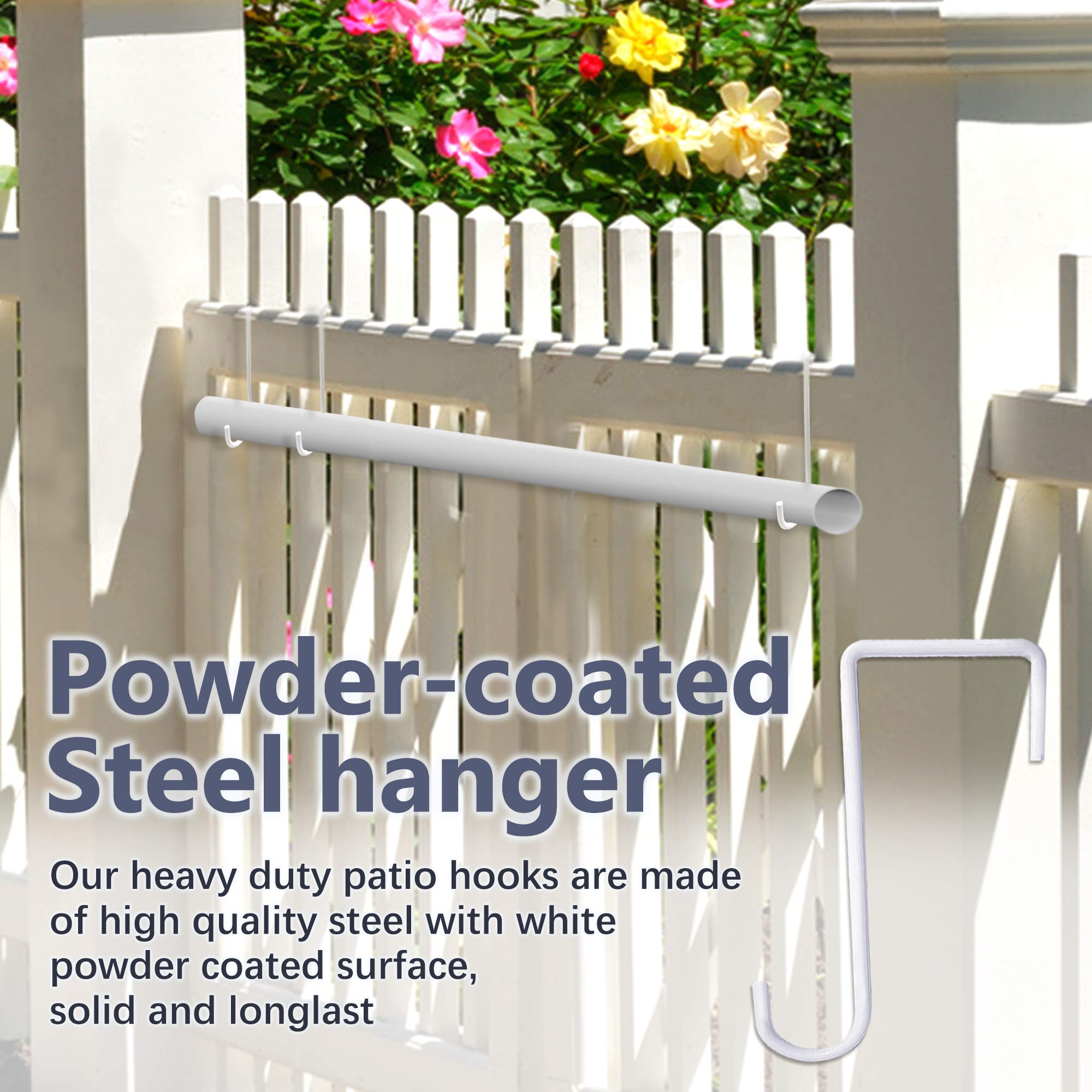 JOYSEUS 6-inch fence hooks length demonstrating secure hanging on vinyl fences.