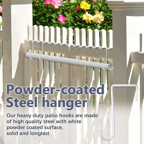 JOYSEUS 6-inch fence hooks length demonstrating secure hanging on vinyl fences.