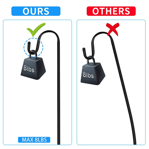 JOYSEUS hooks shown holding lanterns, bird feeders, and flower baskets along a garden path.