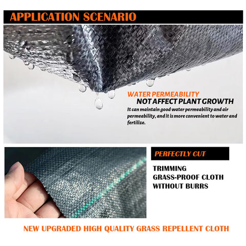 JOYSWAN weed barrier used in a garden bed to illustrate easy cut-to-fit installation.