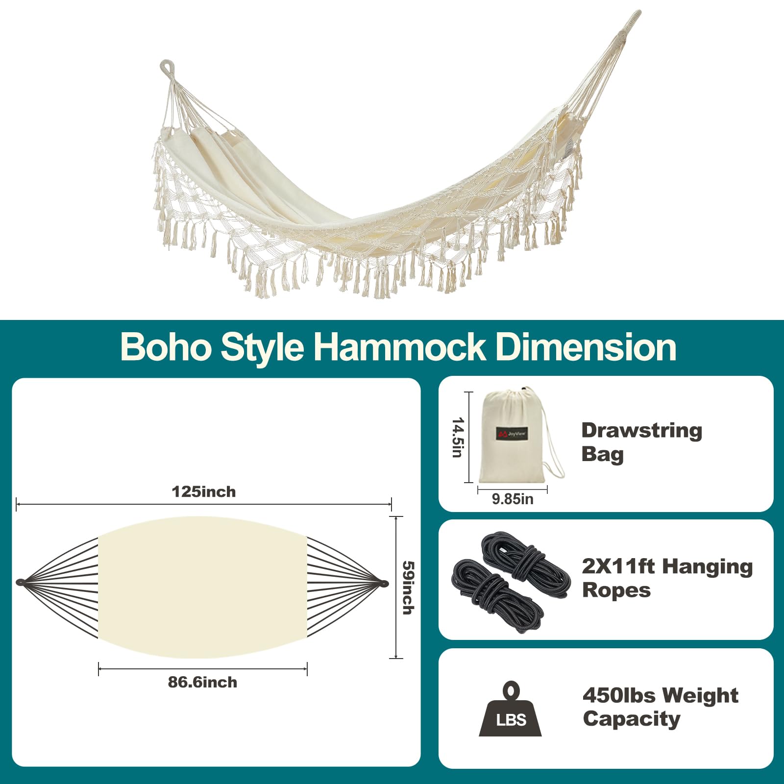 JoyView strong rope loops illustrate 450 lb capacity.