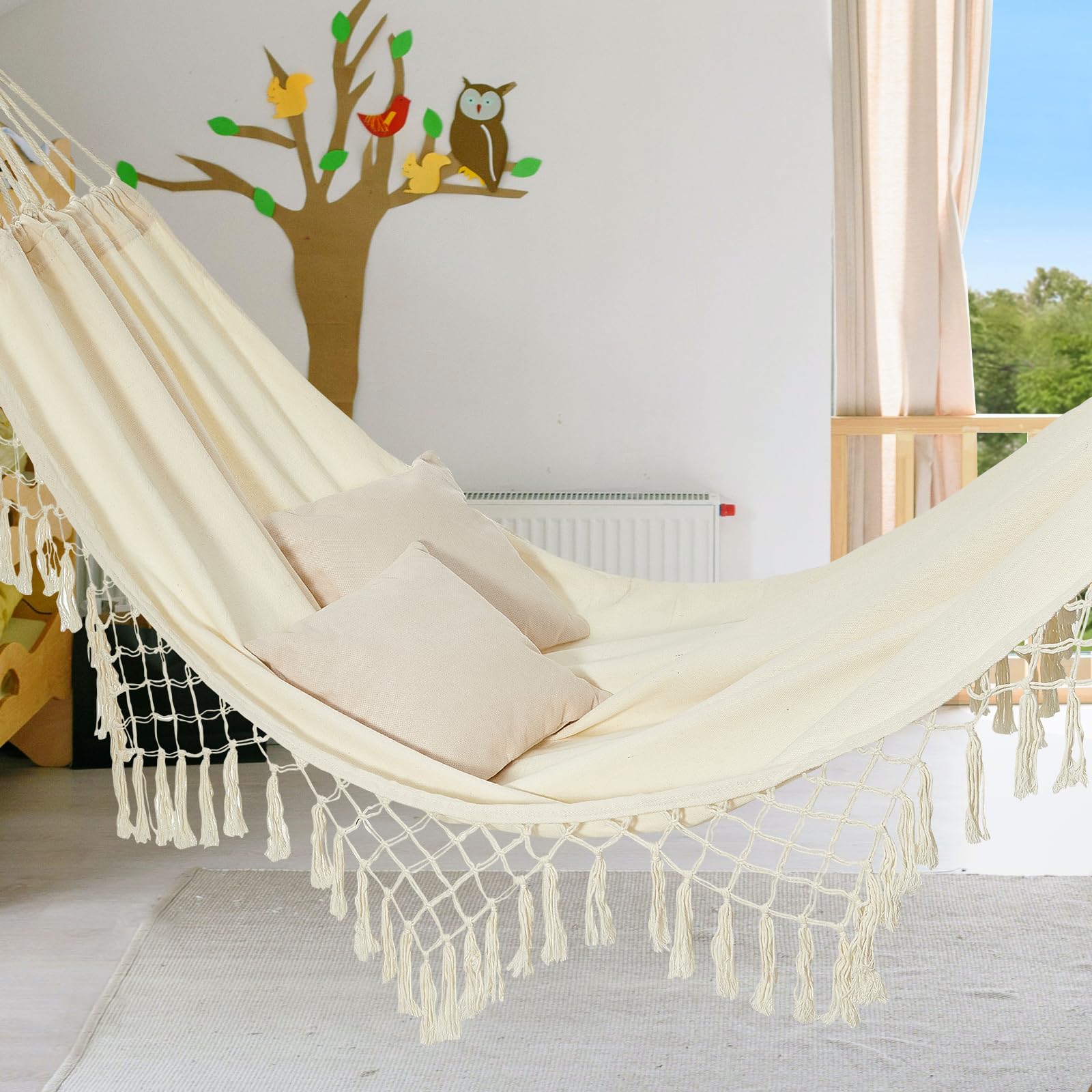 JoyView beige hammock design complements porch or patio aesthetics.