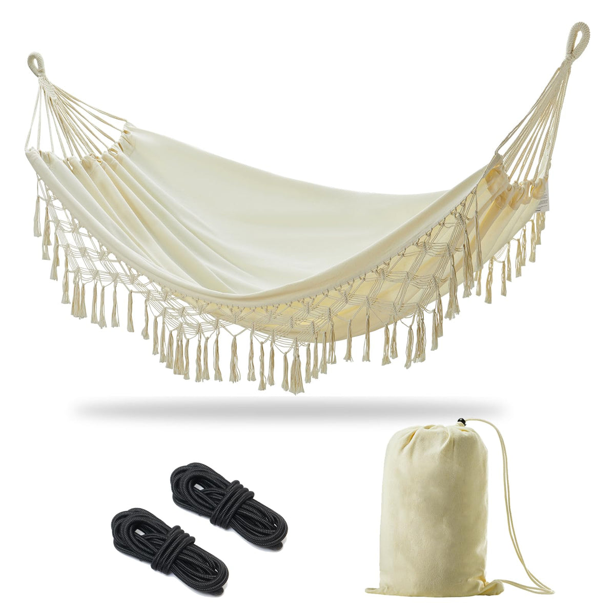 JoyView boho hammock with double tassels for stylish outdoor lounging.
