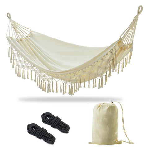 JoyView boho hammock with double tassels for stylish outdoor lounging.