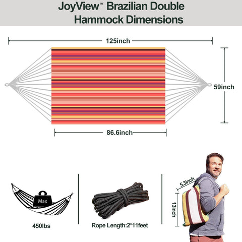 JoyView Brazilian double hammock shows 450 lb capacity for sturdy two-person lounging.