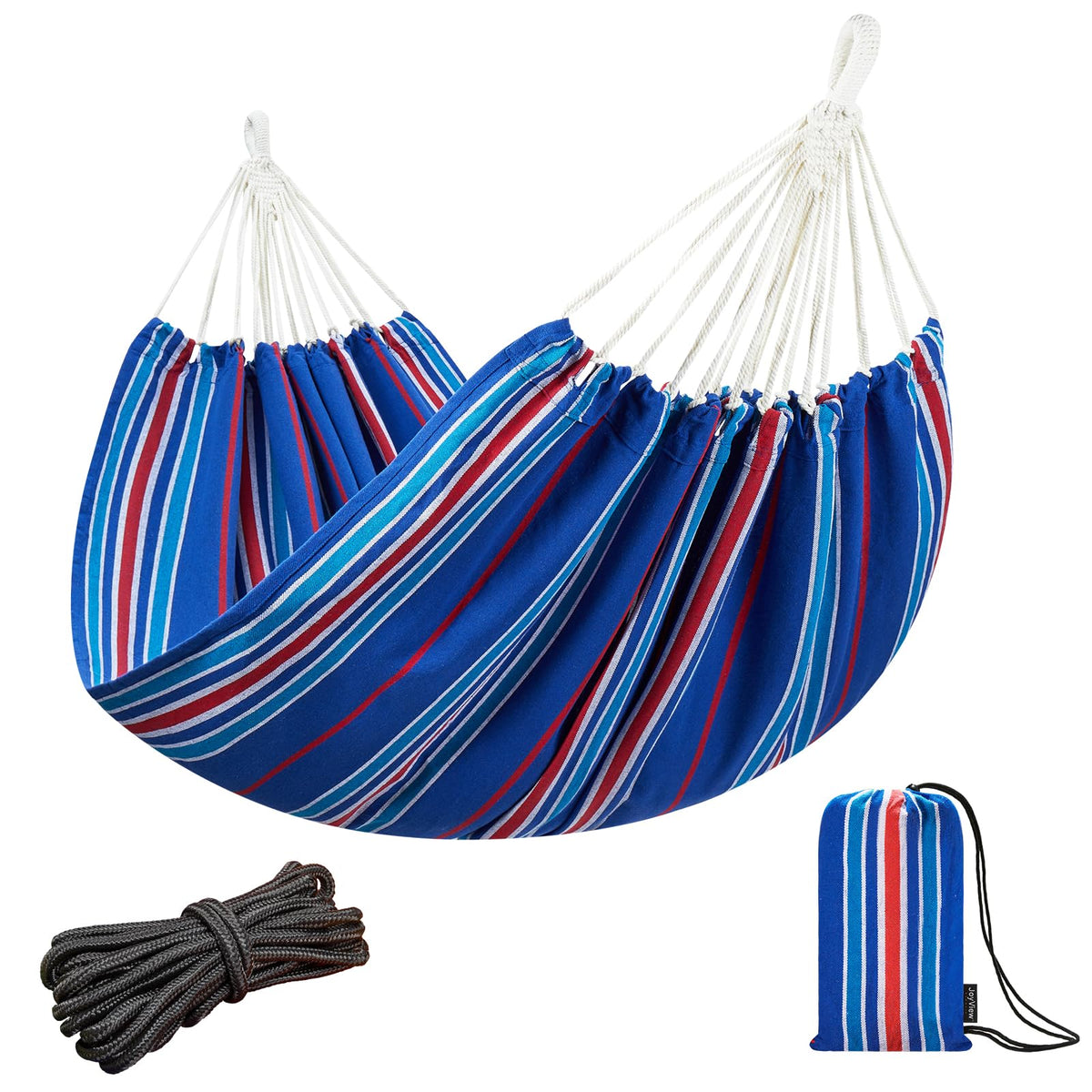 JoyView Brazilian double hammock in blue stripe ready for outdoor lounging
