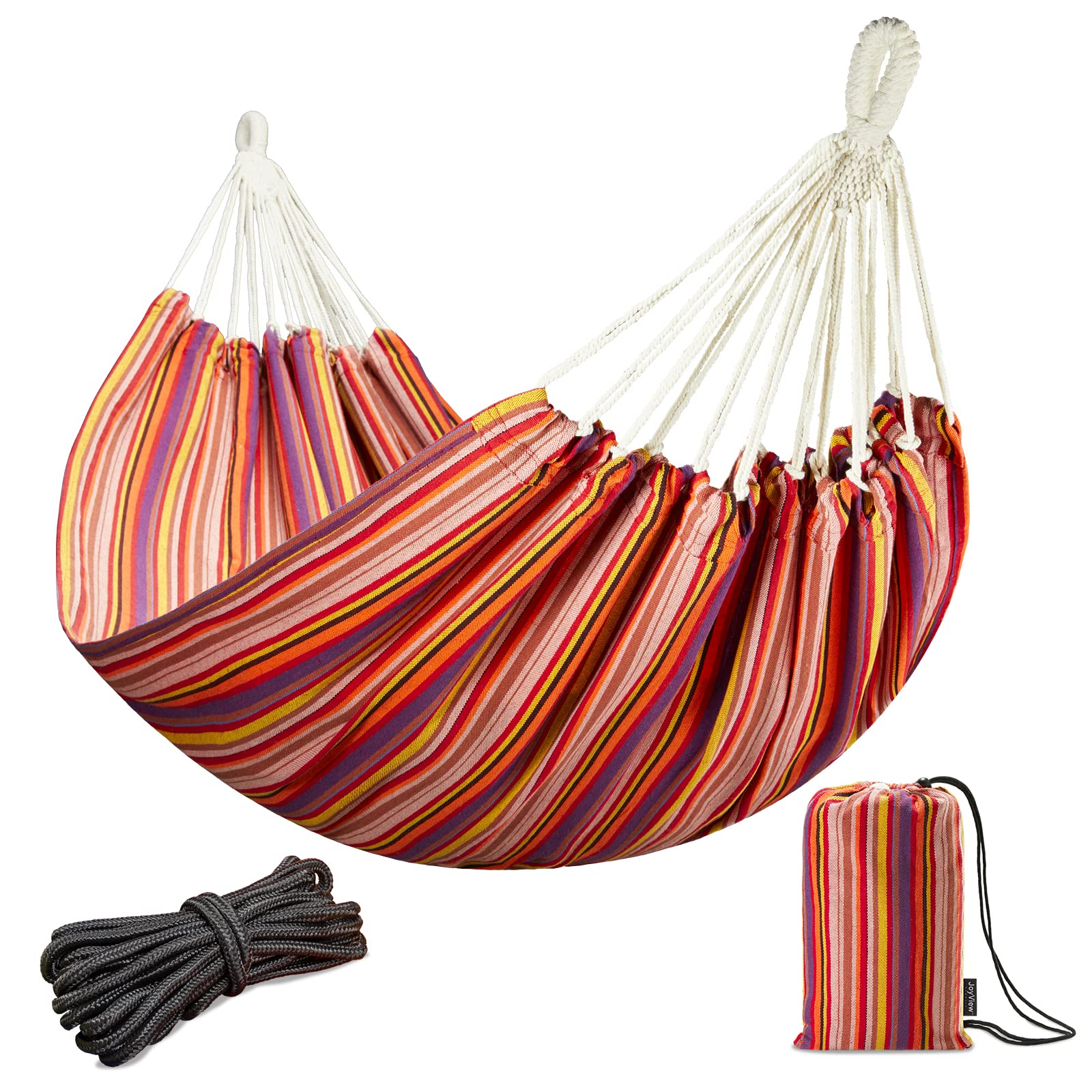 JoyView Brazilian double hammock in cotton fabric for breathable outdoor comfort.