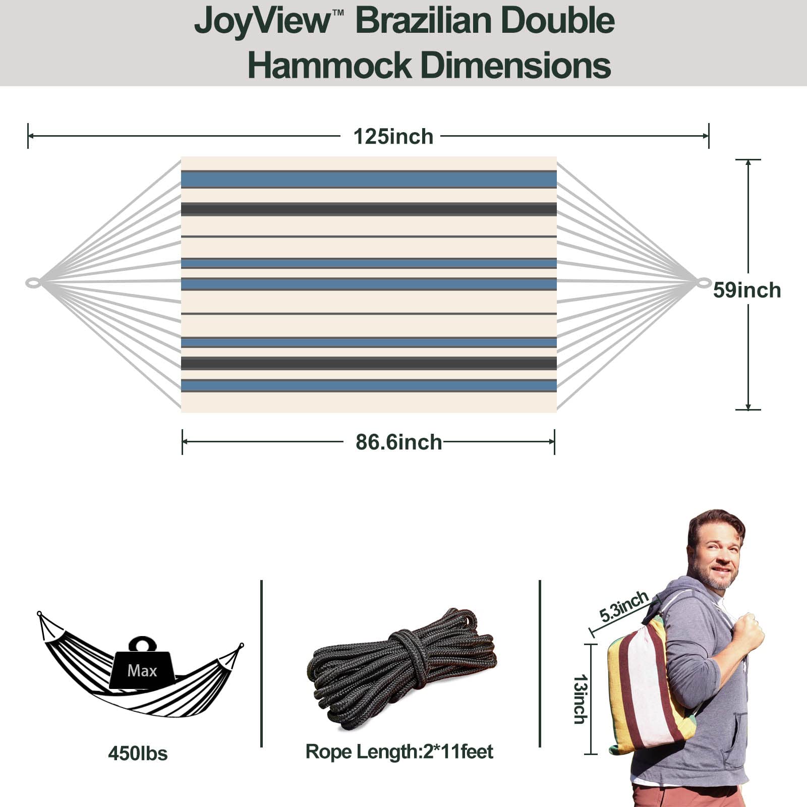 JoyView hammock rope-end detail, hand-woven loops support up to 450 pounds.