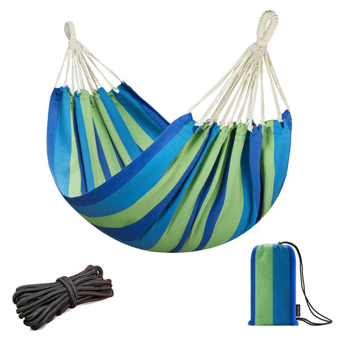 JoyView Brazilian hammock blue stripes bed area stretched for lounging on a patio