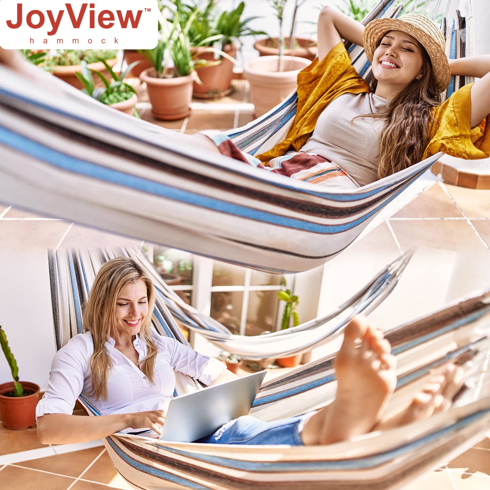 JoyView blue striped hammock enjoying outdoor patio setting