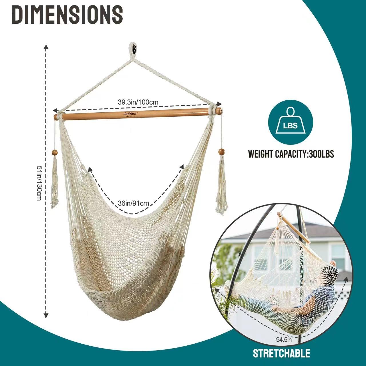 JoyView Caribbean Hammock Chair shown with extended length for tall users.