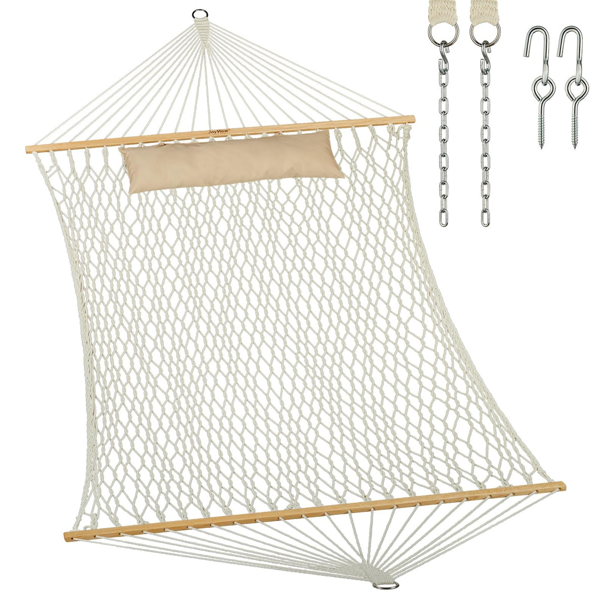 JoyView traditional rope hammock with wooden spreader bar for durable outdoor lounging.