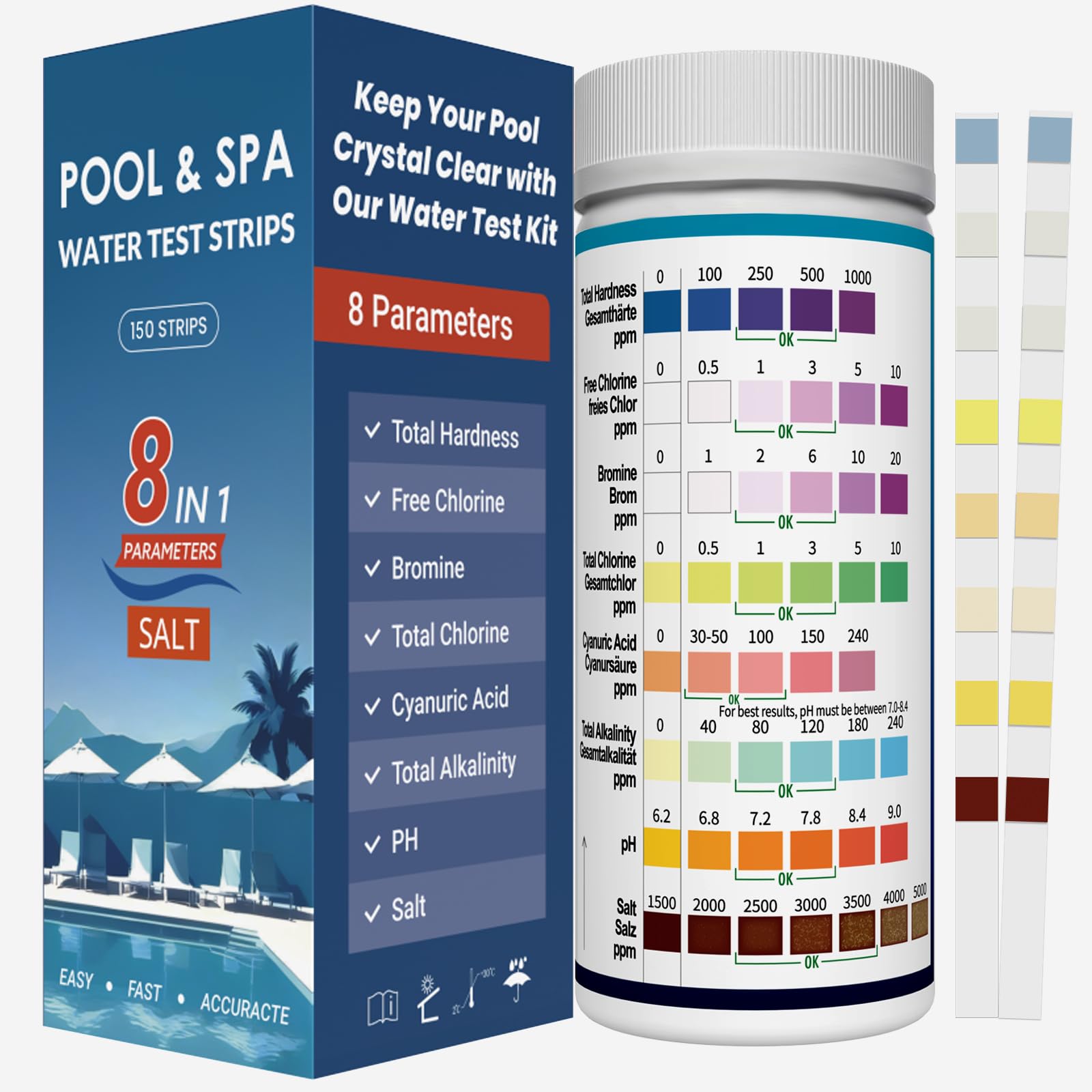 Joyzakzak 8-in-1 pool test strips bottle view for quick, clear readings.