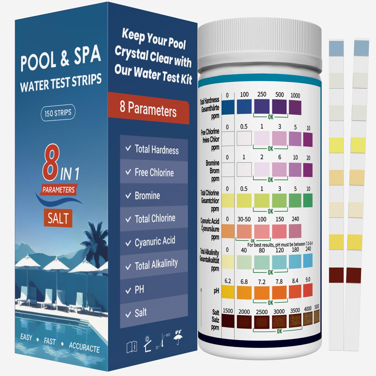 Joyzakzak 8-in-1 pool test strips bottle view for quick, clear readings.