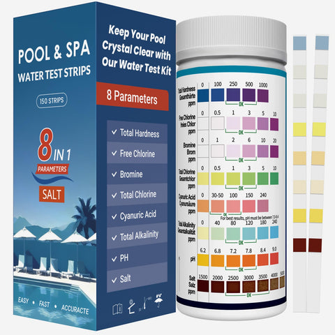 Joyzakzak 8-in-1 pool test strips bottle view for quick, clear readings.