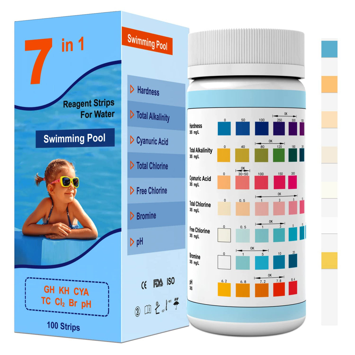 Joyzakzak hot tub 7-in-1 strips display color chart for quick balance checks.
