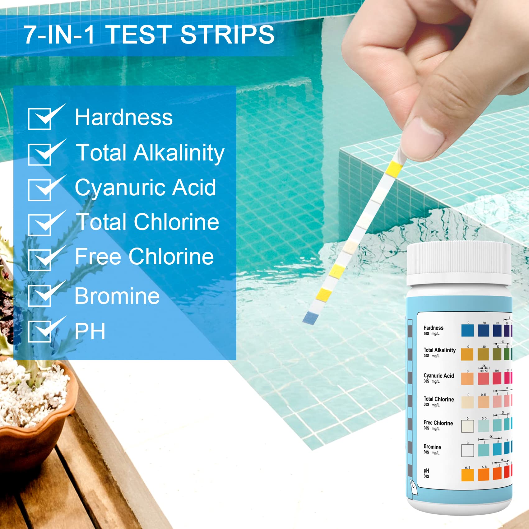 Joyzakzak spa tester in use beside a hot tub for easy reading.