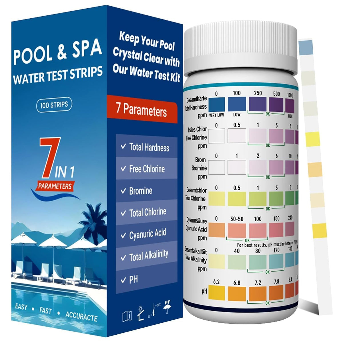 Joyzakzak upgraded 7-in-1 test strip pack for quick, all-in-one water quality checks.