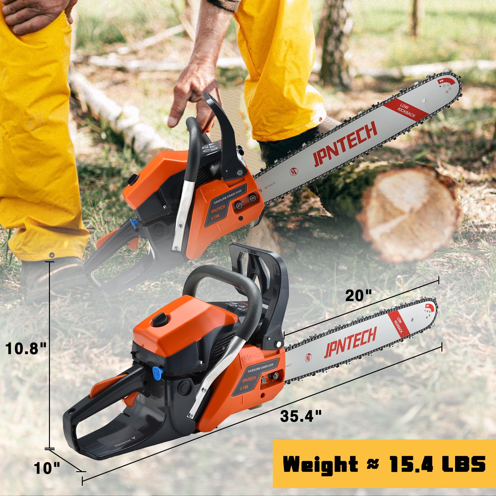 JPNTECH 60cc chainsaw with automatic lubrication reduces friction for smoother operation.