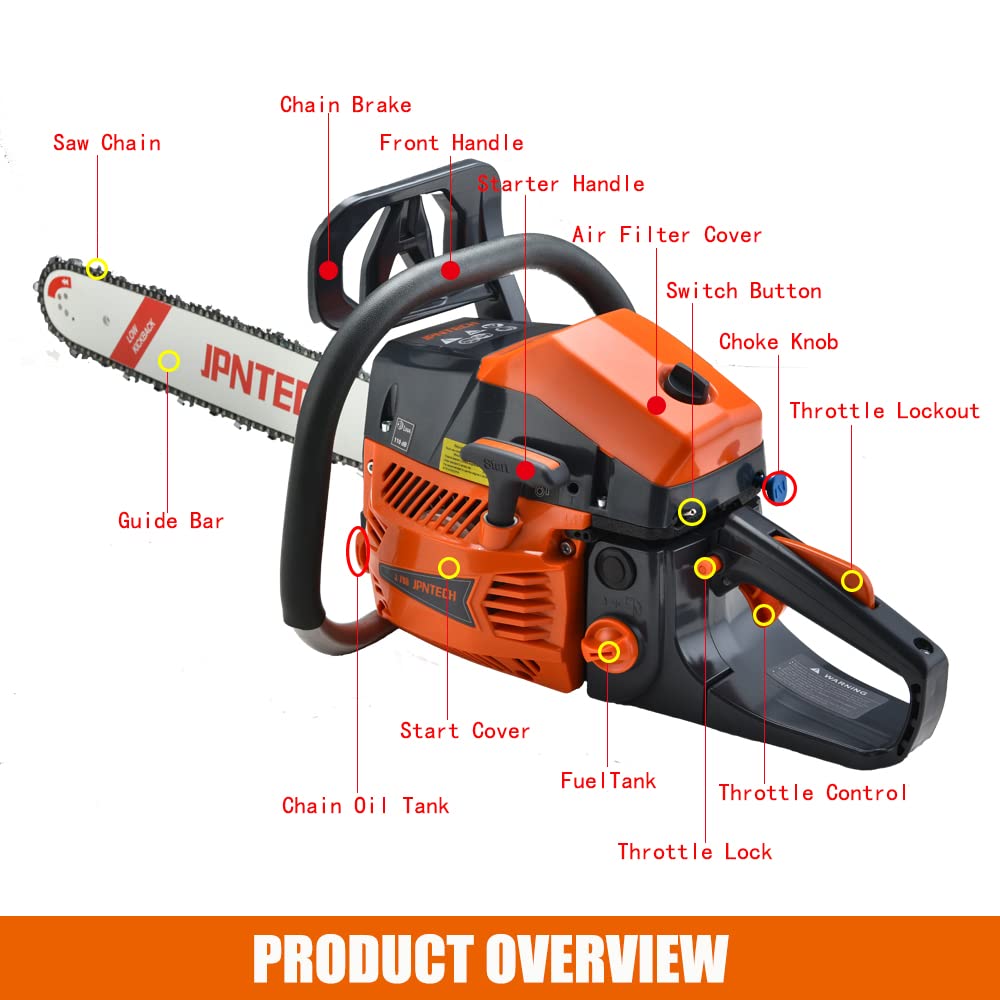 JPNTECH 20-inch bar startup with spring-assisted pull cord enables quick start.