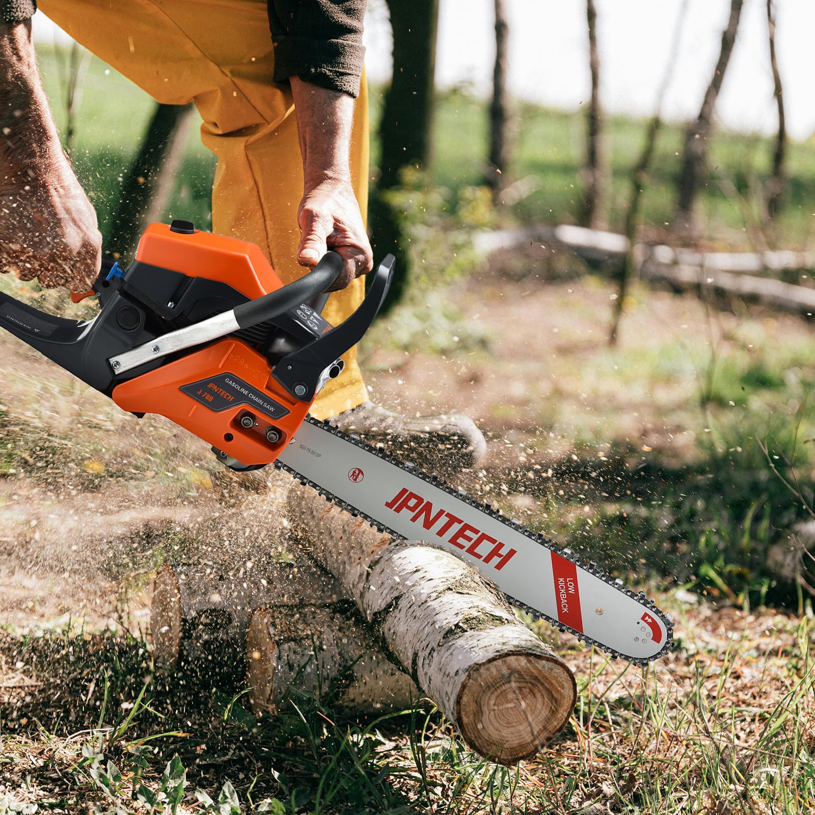 JPNTECH gas chainsaw ready for firewood and yard work tasks.