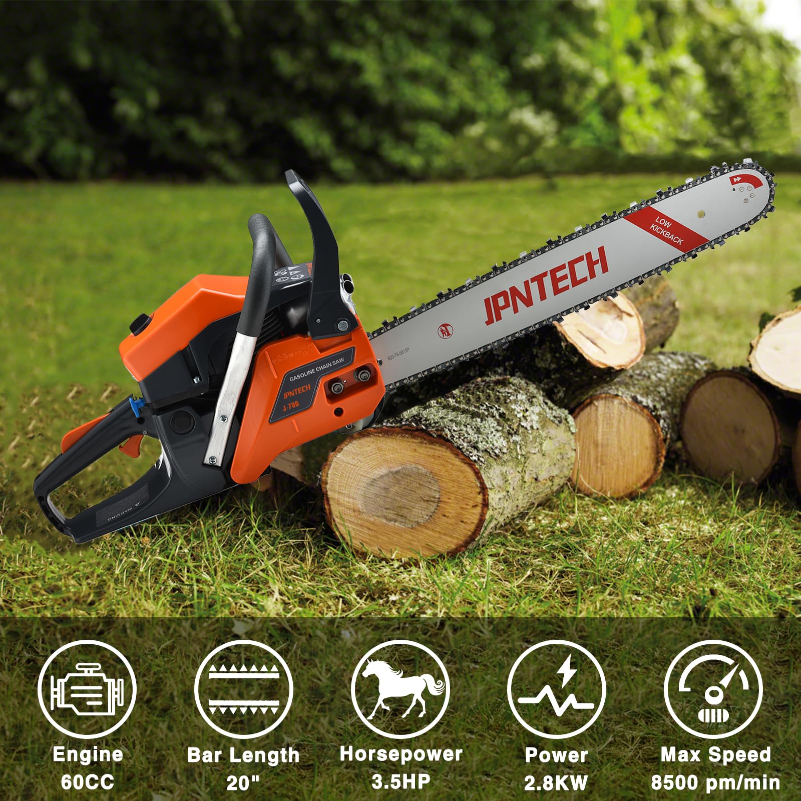 JPNTECH chainsaw in forest use shows versatile log and branch cutting.