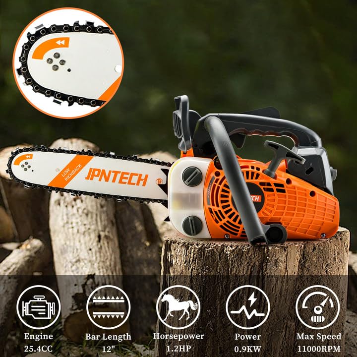 JPNTECH lightweight chainsaw weighing 8.6 pounds for one-handed operation.